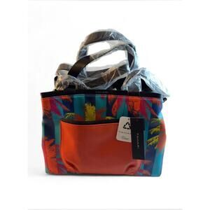 NWT Tahari Multicolor Palm Tree Prints Faux Leather Bag with Zipper Closure